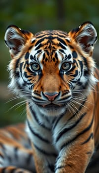 A beautiful tiger with striking orange and black stripes sits calmly, looking directly at the camera. The lush green background adds depth to this captivating wildlife moment.