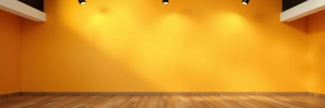 A well-lit studio features smooth wood flooring and striking yellow walls, creating an inviting atmosphere ideal for workshops, gatherings, or artistic projects.