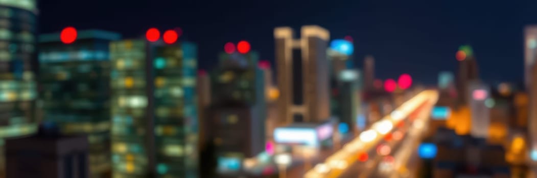 Bright city lights twinkle against the night sky as traffic flows along busy streets. Skyscrapers loom in the background, creating a vibrant urban landscape.