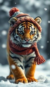 A tiger dressed in a warm hat and scarf strolls through a snowy landscape. The animal appears playful and curious as snowflakes gently fall around it in a winter wonderland.