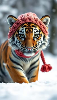 A vibrant tiger strides through a snowy environment, adorned with a bright red knitted hat and matching scarf, showcasing an amusing contrast against the winter backdrop.