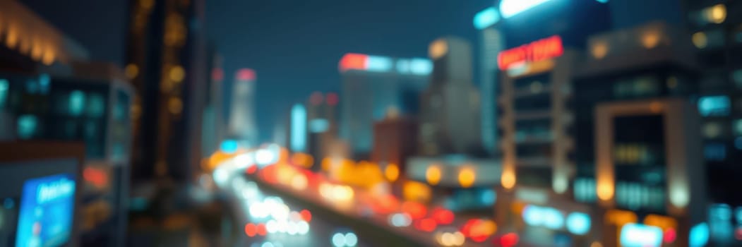 A bustling city skyline comes to life at night as bright lights illuminate the buildings. Traffic flows steadily, adding to the vibrant urban ambiance of the scene.