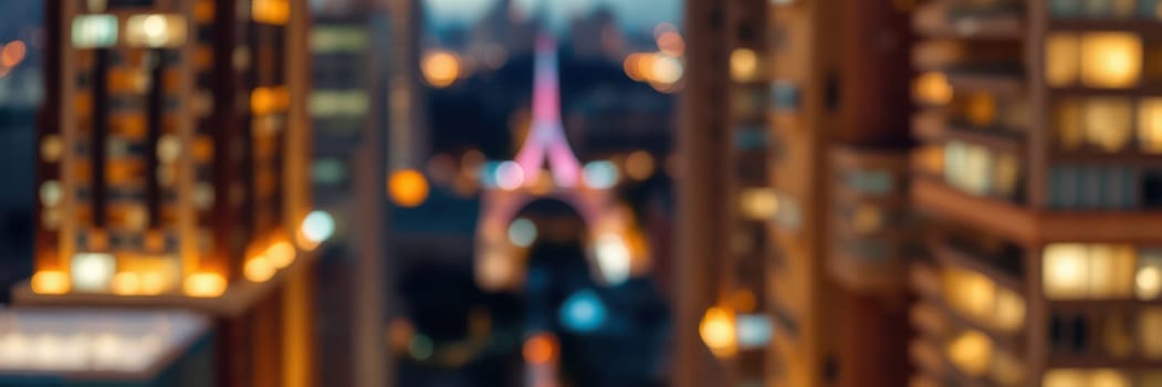 Buildings are lit up against the evening sky, creating a warm glow, while the Tokyo Tower emerges softly in the background, adding a touch of iconic beauty to the urban landscape.