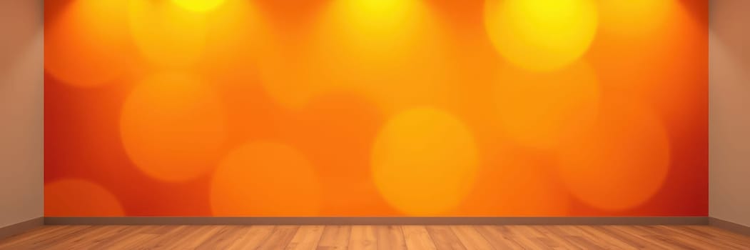 A vibrant orange backdrop illuminated by soft lights creates an inviting atmosphere. The wooden floor adds warmth, perfect for performances or photoshoots.