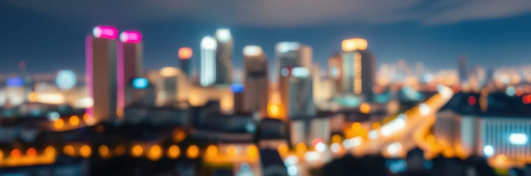 A vibrant city skyline features brightly lit buildings and roads at night. The illumination creates a lively atmosphere filled with energy and activity.