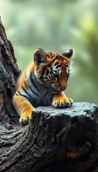 A young tiger cub is seen curiously pawing at a tree trunk in a dense forest. The atmosphere is vibrant, showcasing the cub's playful nature and striking stripes against the natural backdrop.
