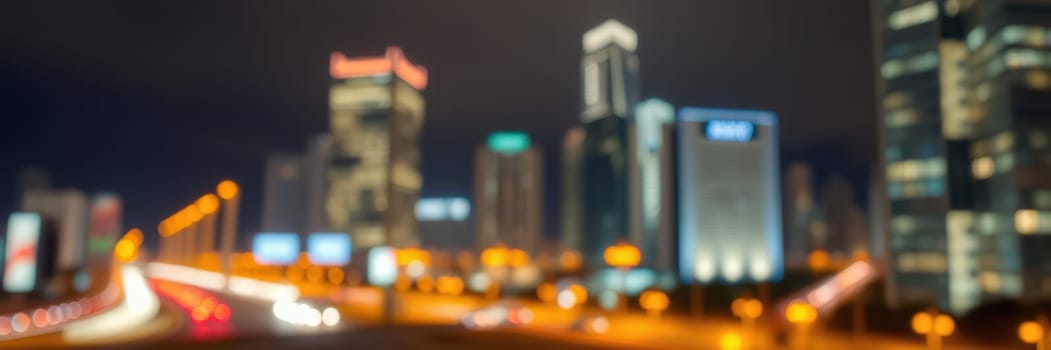 Bright lights from city buildings and vehicles create a lively ambiance in the urban landscape during the night. The skyscrapers showcase modern architecture against a dark sky.