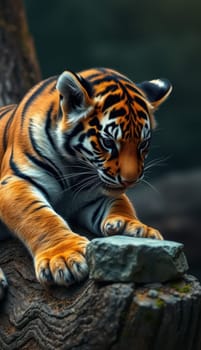 A young tiger curiously examines a rock while resting on a tree trunk in a lush environment. The scene captures the animal's playful nature and vibrant fur pattern.