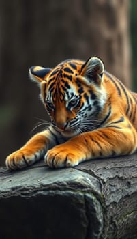A young tiger relaxes with its front paws draped over a log, surrounded by greenery. Its striking orange and black fur contrasts with the tranquil forest backdrop.