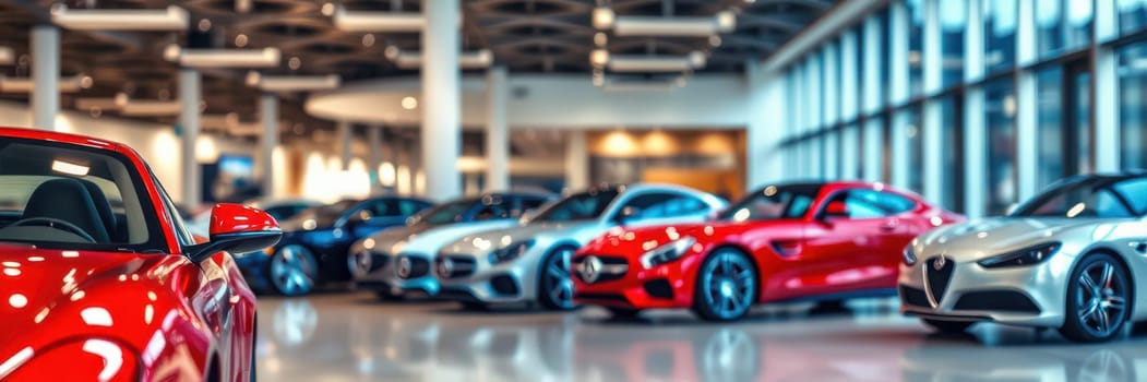 A collection of high-end sports cars is displayed in a sleek showroom. The environment is bright and spacious, showcasing the vehicles' designs. Visitors admire the craftsmanship and style.