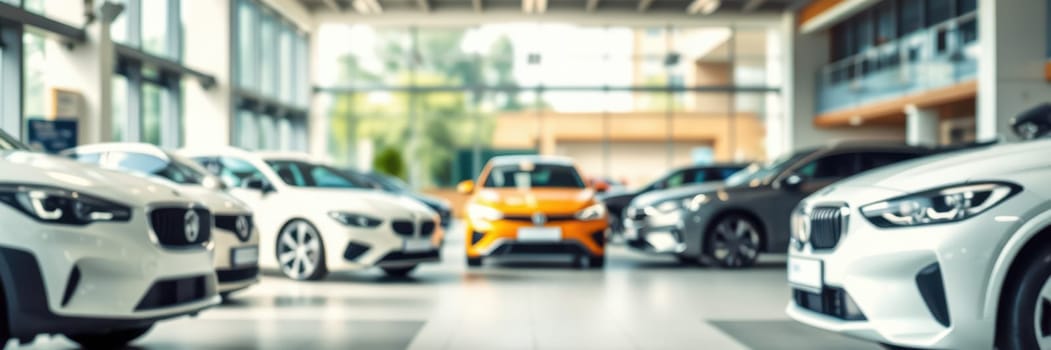 A brightly lit showroom displays multiple cars, highlighting sleek designs and vibrant colors. Customers explore their options in a comfortable setting with large windows.
