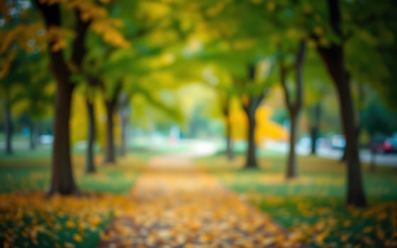 A serene pathway lined with trees, their leaves displaying shades of yellow and green. Fallen leaves create a soft carpet as visitors enjoy a peaceful stroll on a clear afternoon.