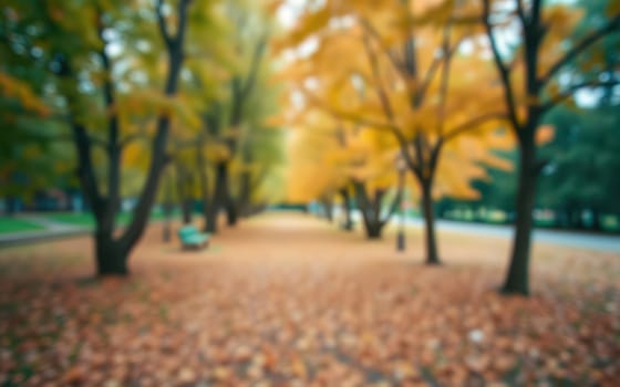 Vibrant autumn colors fill a peaceful park where tall trees showcase yellow and orange leaves. A carpet of fallen leaves lies beneath, enhancing the serene atmosphere.