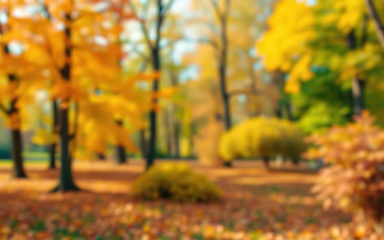 Bright orange and yellow leaves cover the ground in a tranquil park. Sunlight filters through the trees, creating a warm and inviting atmosphere for visitors enjoying the fall season.