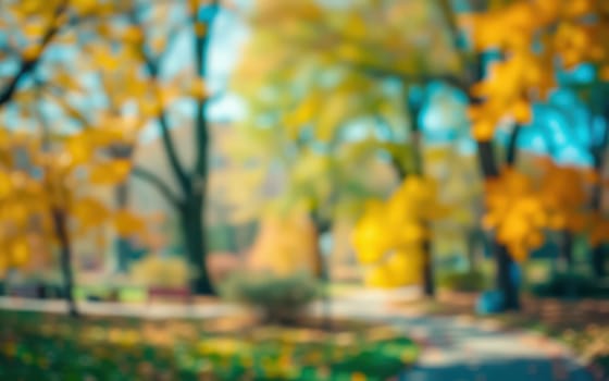 Bright autumn leaves cascade from trees in a peaceful park, where sunlight filters through the branches, casting a warm glow on the path below.