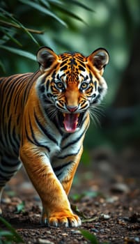A tiger strides confidently among dense foliage, showcasing its striking orange and black stripes. The sunlight filters through the trees, highlighting its powerful presence in the wild.