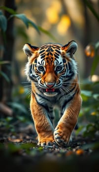 A stunning tiger strides confidently through a dense forest, surrounded by greenery and softly illuminated by the warm glow of the setting sun. Its striking fur and piercing eyes capture attention.