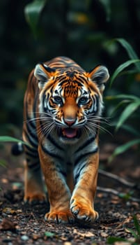 A young tiger is seen walking gracefully through thick green leaves in a vibrant forest, showcasing its striking orange and black stripes in natural sunlight.