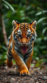 A vibrant tiger strides confidently through a dense forest, its striking orange fur contrasting with the vivid green foliage around.