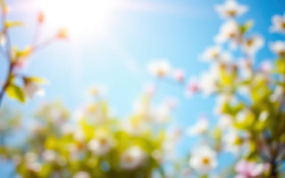 Bright sunlight filters through delicate blossoms, creating a cheerful atmosphere in a spring garden. The scene highlights nature's beauty and warmth.