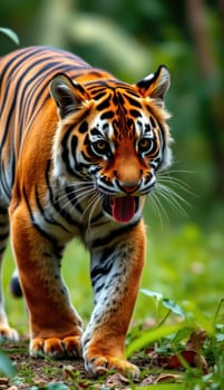 A striking tiger moves gracefully through the vibrant greenery of its natural habitat. Sunlight filters through the trees, highlighting its powerful form and vivid coat.