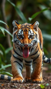 A young tiger walks through dense foliage in a jungle, displaying an adventurous spirit. Its striking orange and black patterns contrast with the lush green environment.