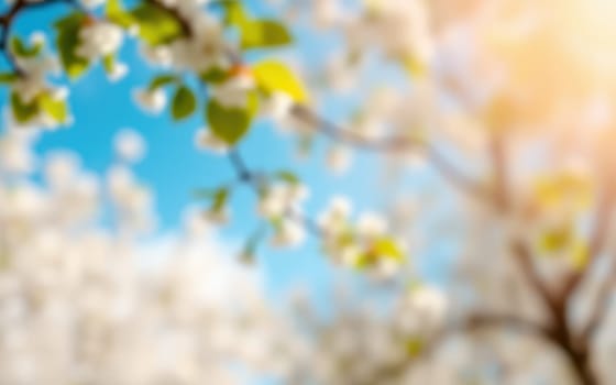 Cherry blossoms flourish under the warm sunlight, creating a beautiful backdrop against a blue sky in a tranquil park. People enjoy the outdoors as nature blooms.