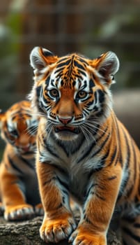 Two young tigers engage playfully, exploring their lush habitat in a wildlife sanctuary during the afternoon. Their vibrant fur contrasts with the greenery around them.