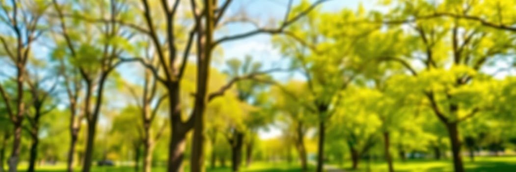 Lush green trees with fresh leaves create a vibrant atmosphere in the park during spring. The sun shines brightly, illuminating the tranquil setting.