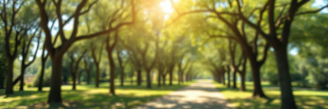 A serene path winds through a vibrant park with tall trees arching overhead. Sunlight filters through the leaves, creating a soft glow on the ground as the beautiful scenery invites peaceful strolls.