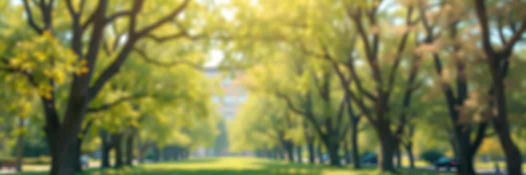 A vibrant park pathway is surrounded by tall, leafy trees under the bright sun. People walk leisurely, enjoying the warmth of early summer while nature flourishes.