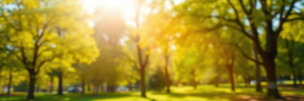 Sunlight cascades through lush green leaves, creating a serene atmosphere in a park filled with trees on a bright, sunny afternoon, inviting relaxation and enjoyment of nature.