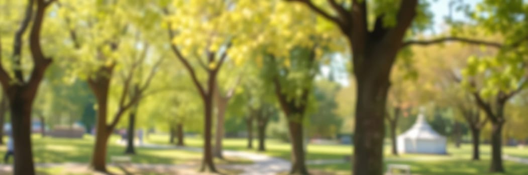 A peaceful park in autumn showcases trees with bright yellow leaves. People enjoy leisure activities while sunlight filters through the branches on a warm day.