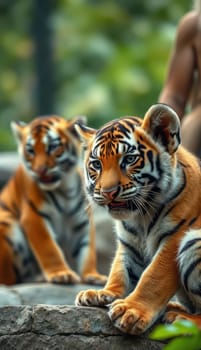 Two young tiger cubs sit closely together, curiously watching their environment. Their vibrant orange fur stands out against the green foliage, highlighting their playful nature.