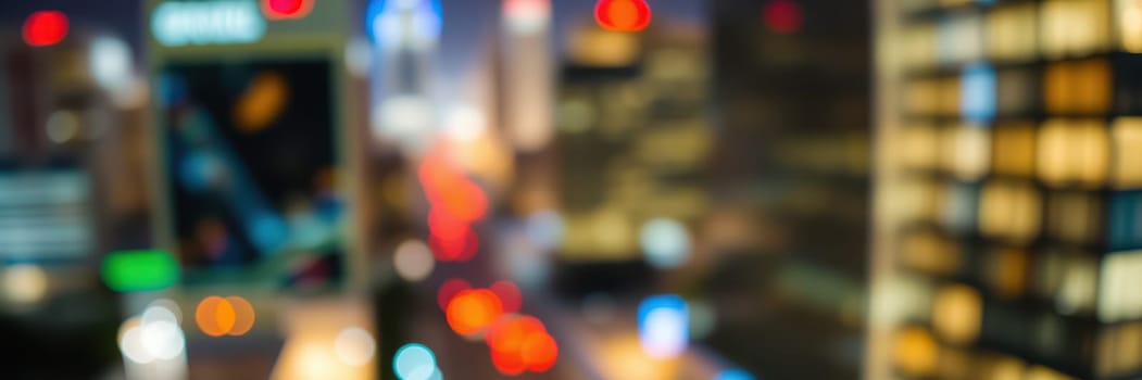 Bright city lights create a lively atmosphere in a busy urban setting at night. The colorful reflections and blurred motion capture the energy of late-night activities and movement.
