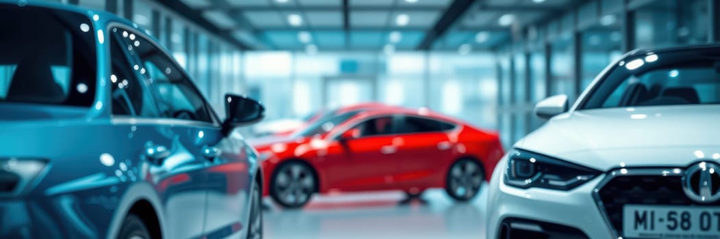 Multiple stylish cars including a red sedan and blue sedan are showcased in a contemporary showroom with bright lighting and a minimalist design. Customers explore options.