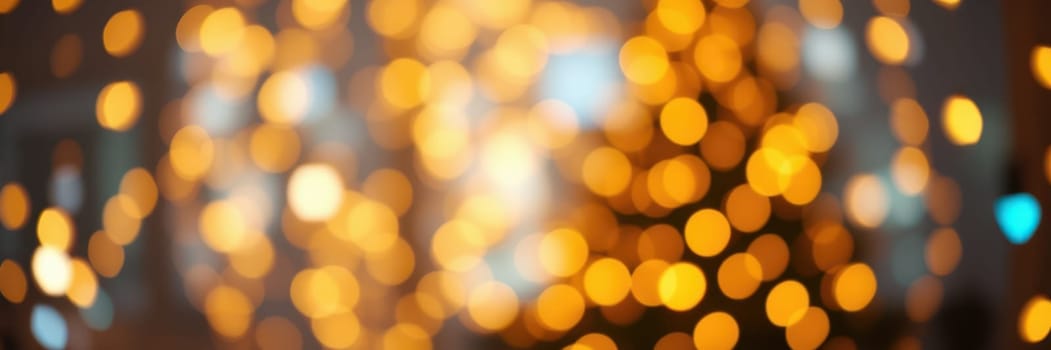 Golden lights sparkle softly in a warm indoor space, evoking a joyful holiday ambiance. The blurred background enhances the cheerful mood, inviting celebration and togetherness.