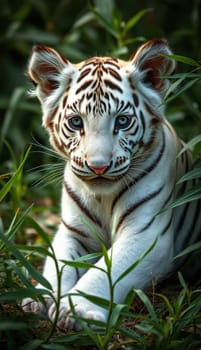 A white tiger cub is seen sitting quietly in dense green grass, its striking blue eyes focused intently. The sun illuminates its unique fur pattern as it explores the surroundings.