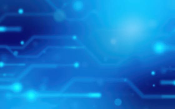 A vibrant blue background features glowing lines and dots, creating an abstract representation of digital technology and connectivity. The design suggests innovation and progress.