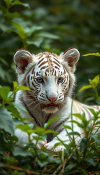 A rare white tiger cub lounges amidst dense greenery, displaying its distinctive markings and vibrant blue eyes. The soft sunlight highlights its coat, creating a serene atmosphere.
