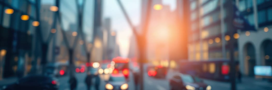 Busy city streets come alive as vehicles navigate through illuminated roads during early evening. The blur of lights creates a vibrant atmosphere and urban energy.