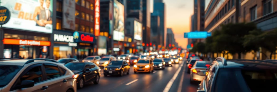 Vehicles fill the street as evening approaches, surrounded by tall buildings and bright advertisements. The atmosphere is lively, depicting the energy of city life.