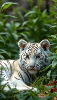 A white tiger cub relaxes in lush green foliage, showcasing its striking coat and bright blue eyes. The tranquil atmosphere highlights the beauty of wildlife.