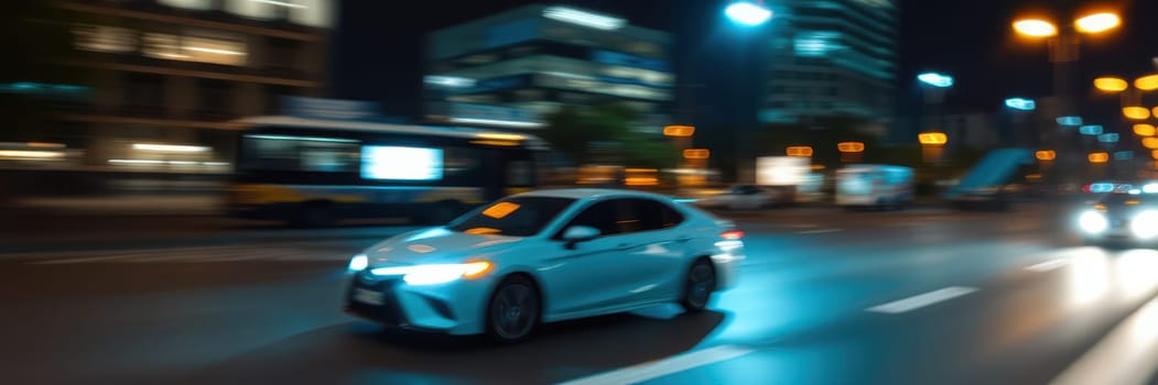 A sleek car speeds down a city street at night, with colorful lights from buildings and passing vehicles creating a vibrant blur. The urban atmosphere is alive and dynamic.