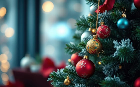 Bright and cheerful holiday ornaments hang on a beautifully decorated Christmas tree, surrounded by a warm indoor atmosphere with blurred lights in the background.