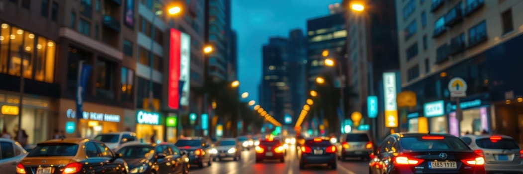 Cars are lined up along a vibrant city street as dusk settles, illuminated by bright neon signs and storefronts. The atmosphere is lively with urban energy.