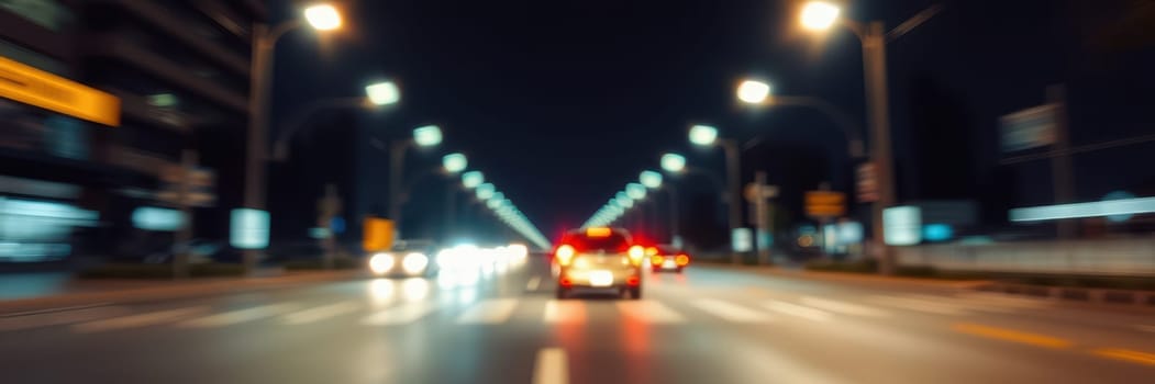 An urban street at night filled with glowing streetlights. Cars move rapidly, creating a sense of speed and energy in the lively city atmosphere.