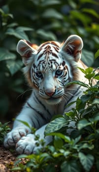 A white tiger cub lies relaxed among vibrant green plants, showcasing its unique fur patterns. The peaceful environment highlights its wild beauty and playful nature.