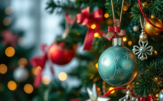 A Christmas tree adorned with vibrant ornaments and ribbons glows with warm, twinkling lights in a festive setting, creating a cheerful atmosphere for the holidays.