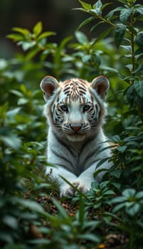 A white tiger cub is lying quietly among lush green plants, its striking features and playful expression evident. The natural setting highlights its beauty and grace.